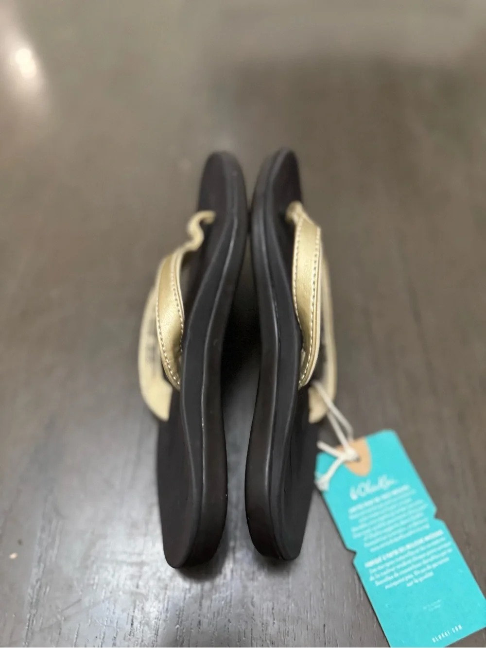 OluKai Kids Flip Flops Black Footbed withTan Straps kids or women size34eu 3us